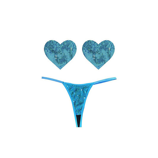 Mahi Mahi Blue Sequin G String & Heart Shapes Pastie Set - G-Strings, Panties and Shorts