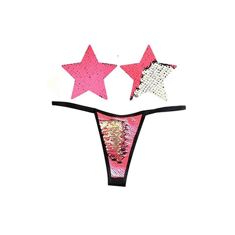 Bitchin Neon Pink & Silver Blacklight Sequin Pastie & Panty - G-Strings, Panties and Shorts