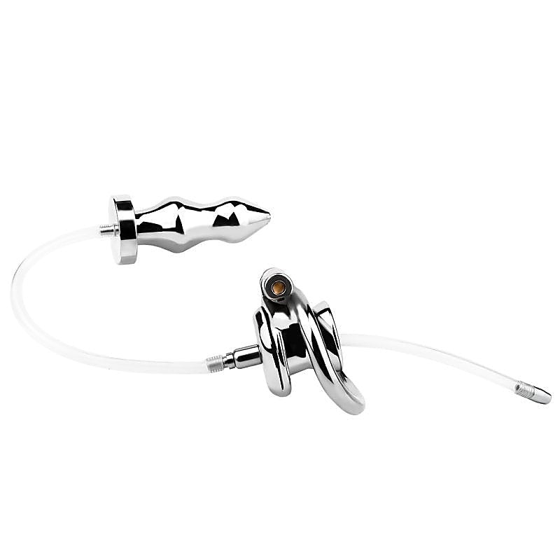 Stainless Steel Male Chastity Cage With Enema Butt Plug - Male Chastity