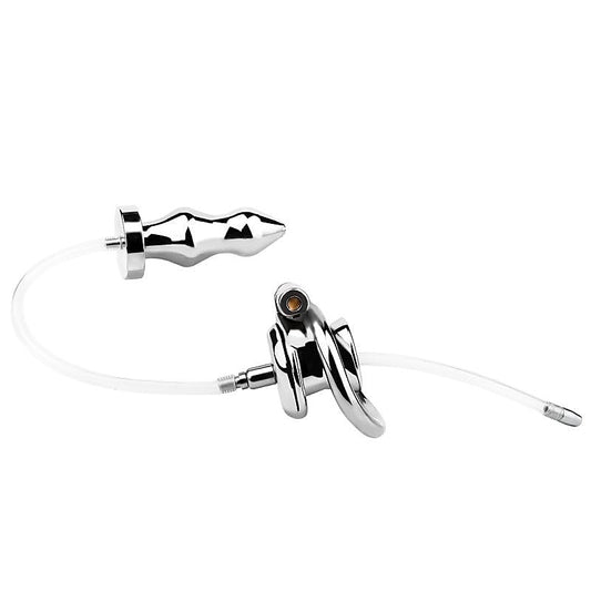 Stainless Steel Male Chastity Cage With Enema Butt Plug - Male Chastity