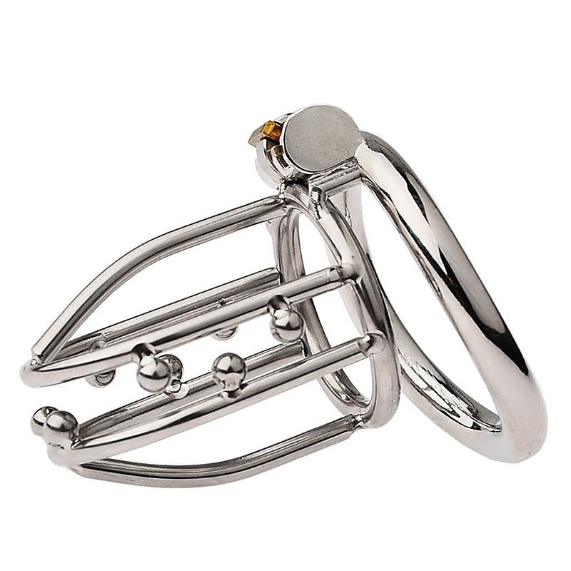 Chastity Opening Cage With Chastity Lock Bent Ring - Male Chastity
