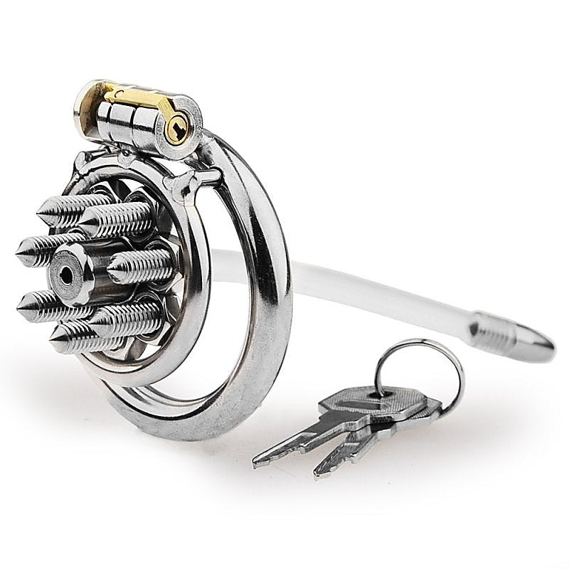 Spikes Flat Chastity Cock Cage With Urethral Sound - Male Chastity