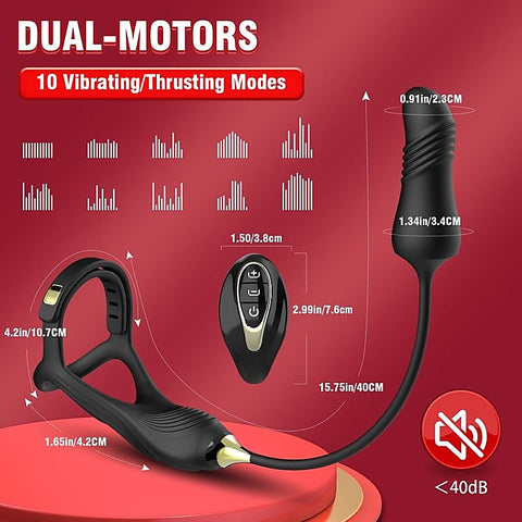 Vibrating Buckle Cock Ring With Thrusting Butt Plug - Vibrating Cock Rings