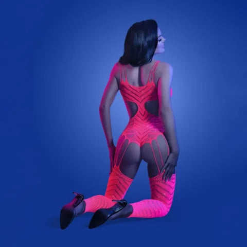 Fantasy Lingerie Radiant Rhinestone Glow Bodystocking Neon Pink - Body Stockings