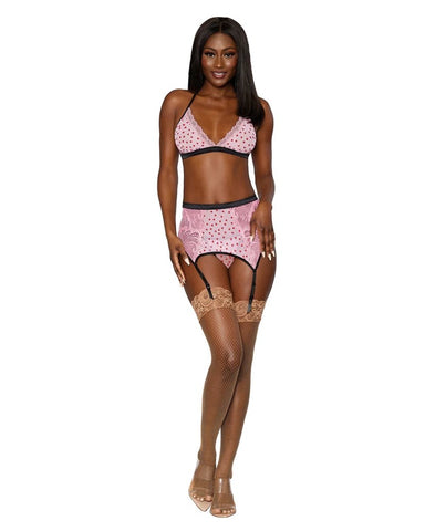 Dream Girl Lingerie Flocked Heart Bralette Garter Belt G String Set - Bras and Bra Sets