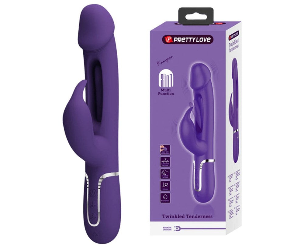 Pretty Love Kampas 3 in1 Multi Function Rechargeable Rabbit Vibrator Dual Ring - Dark Purple - Rabbit Vibrators