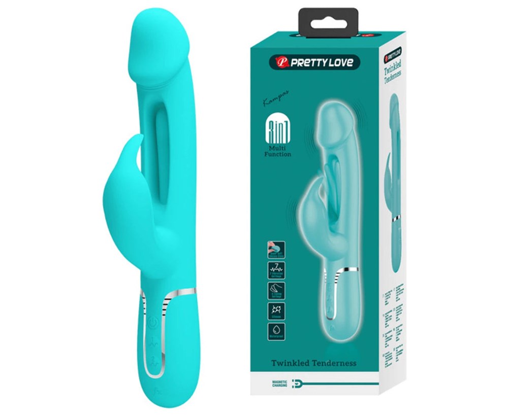 Pretty Love Kampas 3 in1 Multi Function Rechargeable Rabbit Vibrator Dual Ring - Seafoam - Rabbit Vibrators