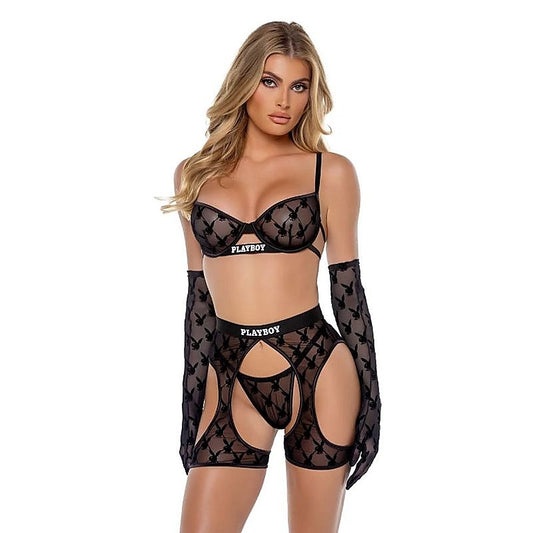 Flocked Bunny Chaps 3 Piece Lingerie Set by Playboy Lingerie - Bras and Bra Sets