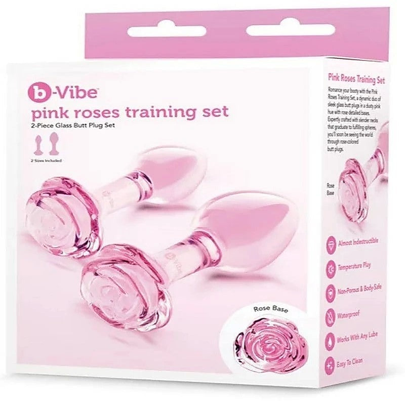 Pink Roses Glass Anal Plug Training Set by B-Vibe - Butt Plugs