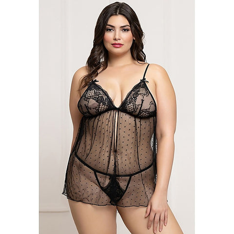 Premium 2 Piece Lace and Dot Mesh Babydoll Set - BabyDolls And Chemises