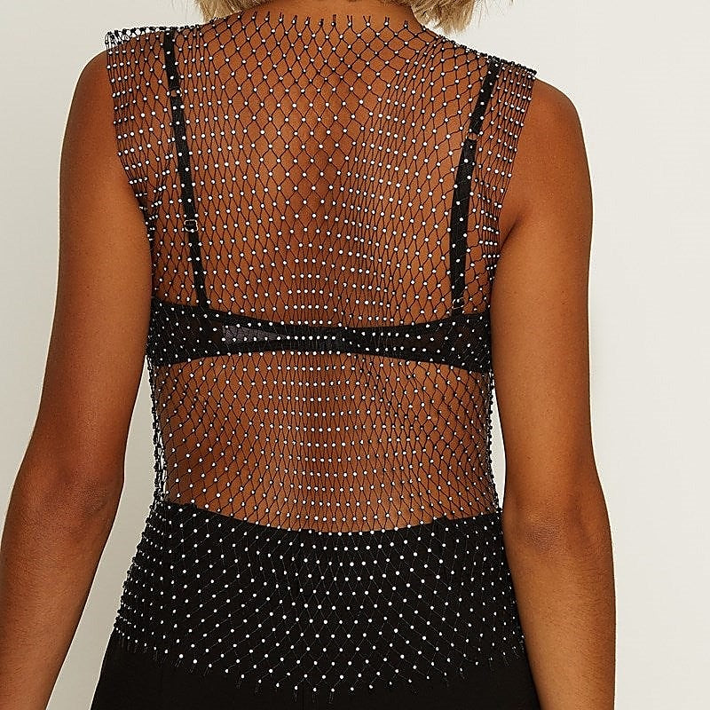 Premium Diamante Studded Mesh Net Top by Muse - Her Fetish