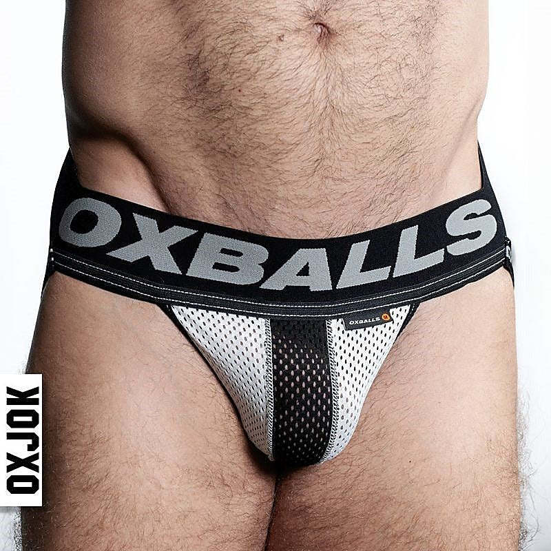 OxBalls Airmesh Swagger Mens Jockstrap Ice White with Cock Ring Enhancement - Jocks and G-Strings
