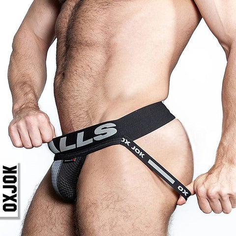 OxBalls Airmesh Swagger Sexy Mens Jockstrap Tar Black with Cock Ring - Jocks and G-Strings