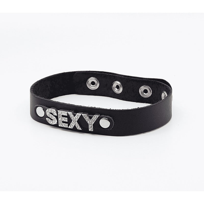 Diamante Sexy Word BDSM Collar by Love In Leather - Collars and Leads