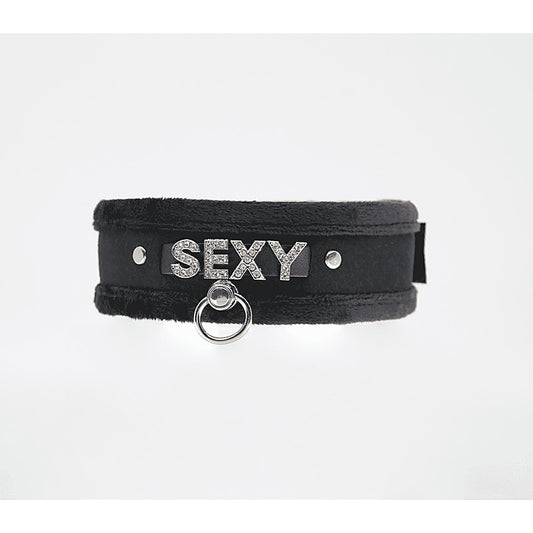 Diamante Sexy Fluffy Bondage Collar by Love In Leather - Collars and Leads