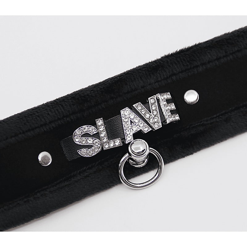 Diamante Slave Fluffy Fetish Collar by Love In Leather - Collars and Leads