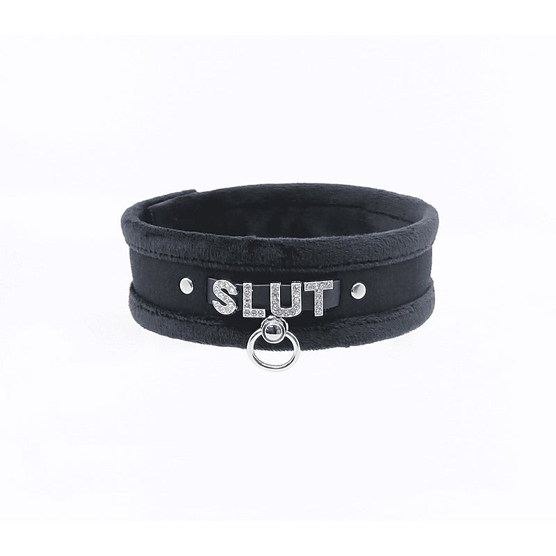 Diamante Slut Fluffy Fetish Collar by Love In Leather - Collars and Leads