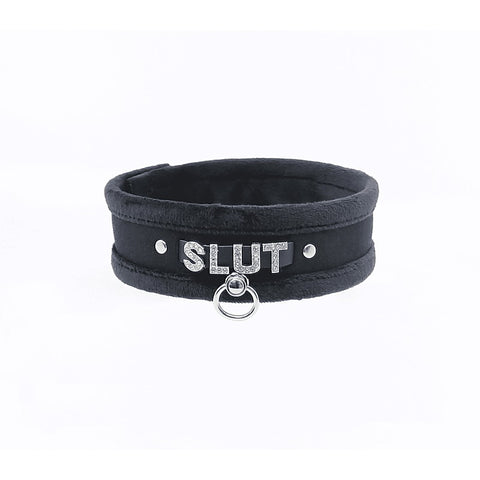 Diamante Slut Fluffy Fetish Collar by Love In Leather - Collars and Leads