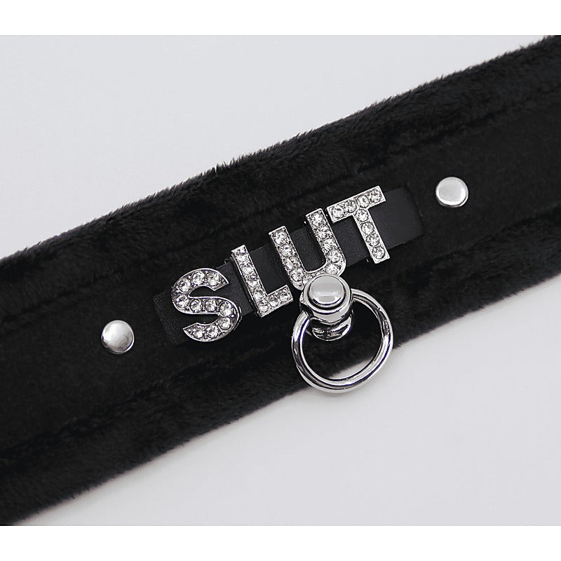 Diamante Slut Fluffy Fetish Collar by Love In Leather - Collars and Leads