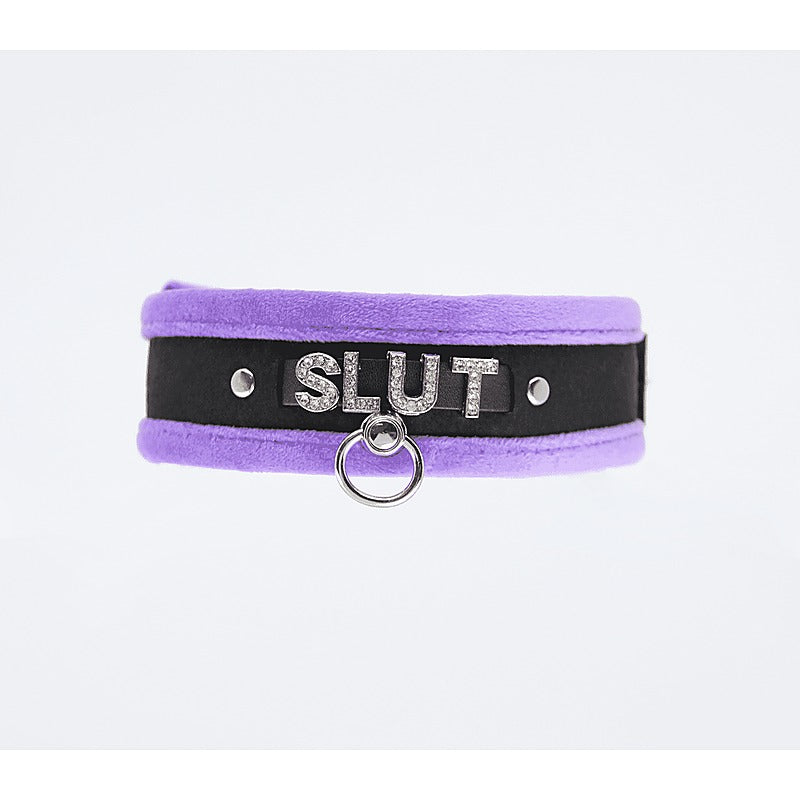 Diamante Slut Fluffy Fetish Collar by Love In Leather - Collars and Leads