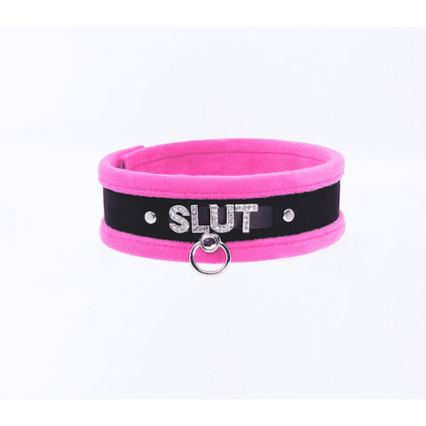 Diamante Slut Fluffy Fetish Collar by Love In Leather - Collars and Leads