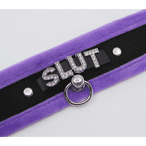 Diamante Slut Fluffy Fetish Collar by Love In Leather - Collars and Leads
