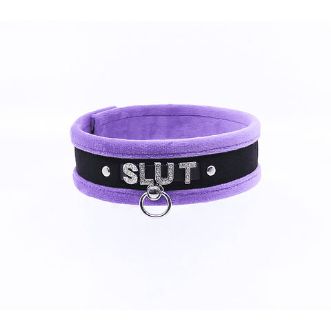 Diamante Slut Fluffy Fetish Collar by Love In Leather - Collars and Leads