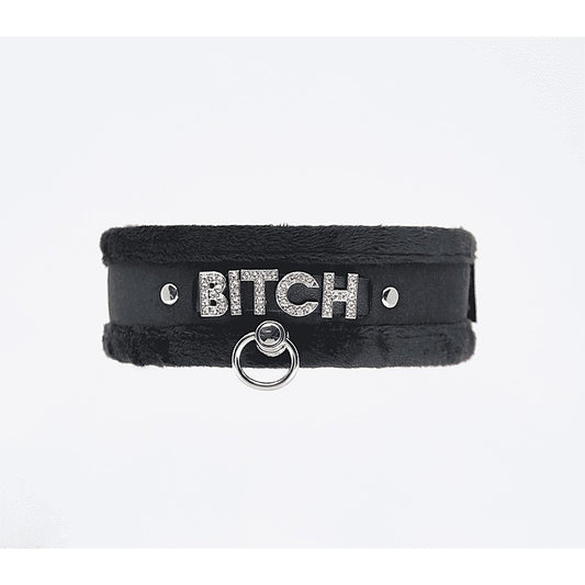 Diamante Bitch Fluffy Bondage Collar by Love In Leather - Collars and Leads
