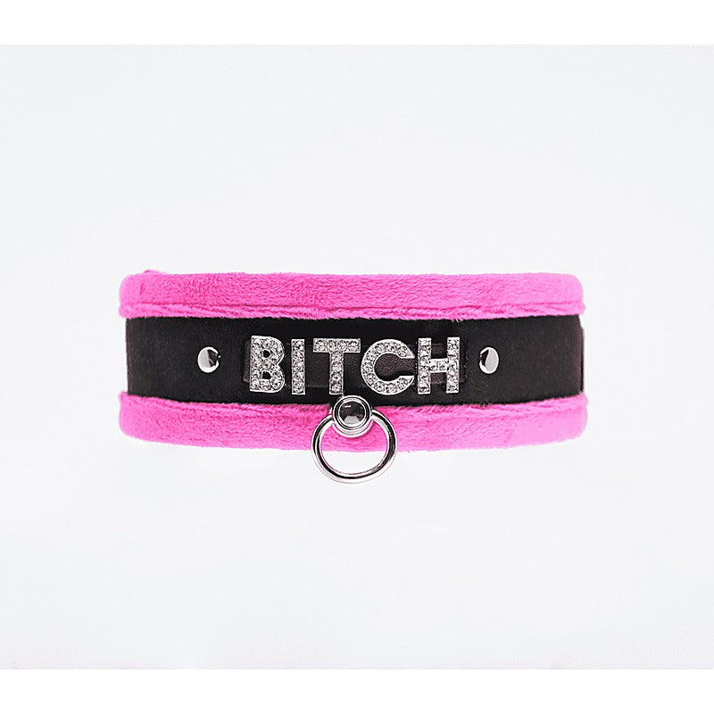 Diamante Bitch Fluffy Bondage Collar by Love In Leather - Collars and Leads