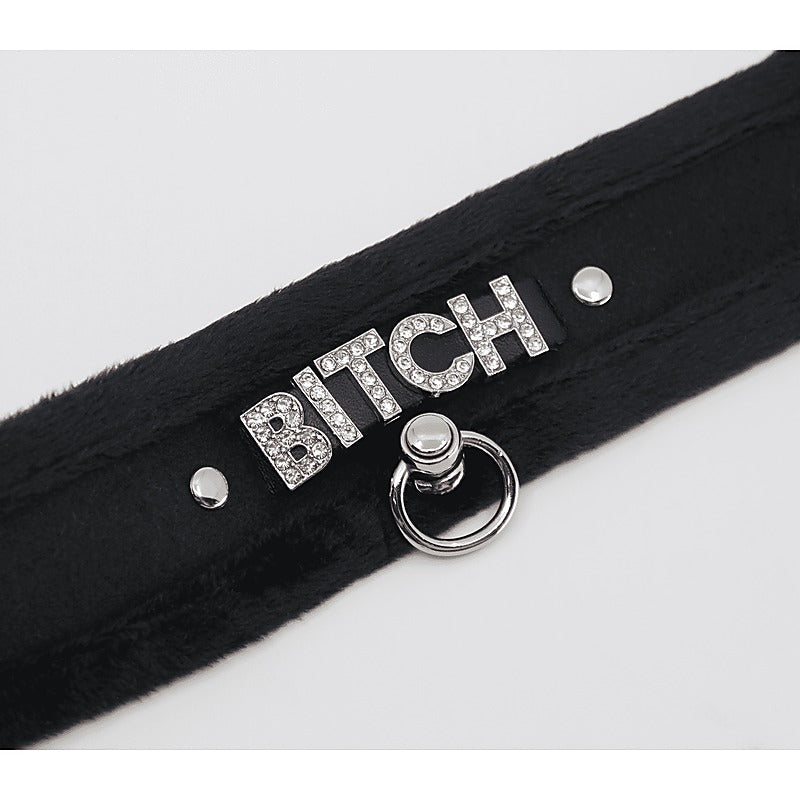 Diamante Bitch Fluffy Bondage Collar by Love In Leather - Collars and Leads