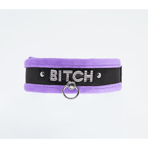 Diamante Bitch Fluffy Bondage Collar by Love In Leather - Collars and Leads