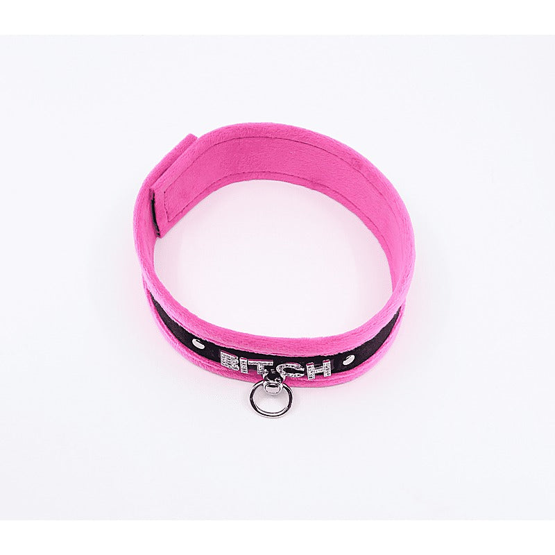 Diamante Bitch Fluffy Bondage Collar by Love In Leather - Collars and Leads