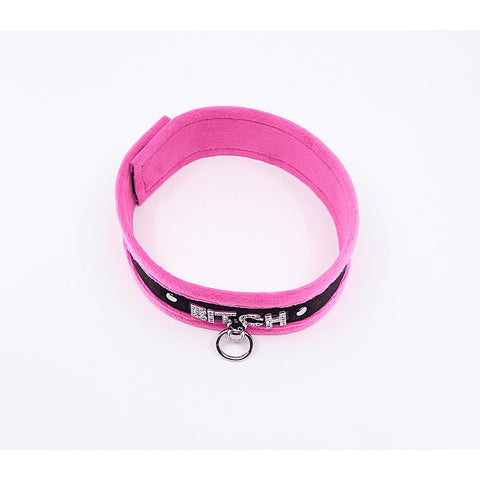 Diamante Bitch Fluffy Bondage Collar by Love In Leather - Collars and Leads