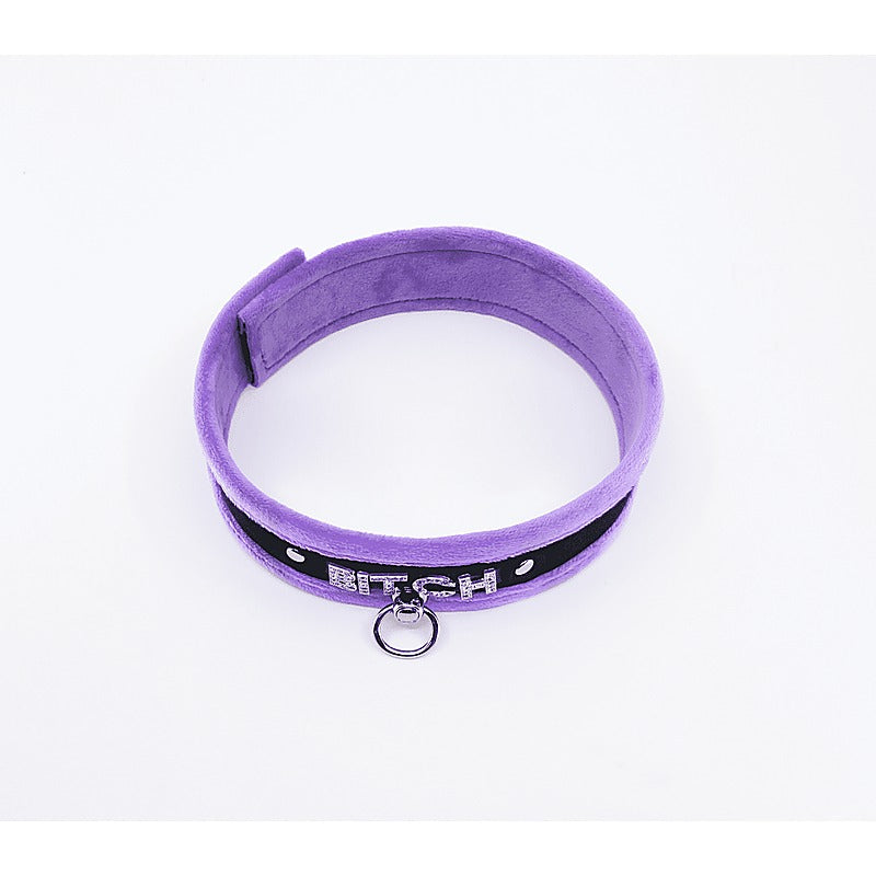 Diamante Bitch Fluffy Bondage Collar by Love In Leather - Collars and Leads