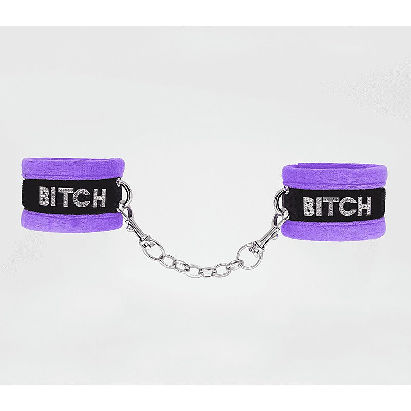 Diamante Bitch Fluffy Wrist Restraints by Love In Leather - Cuffs And Restraints