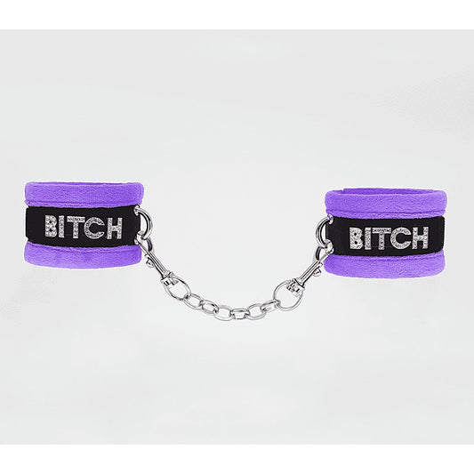 Diamante Bitch Fluffy Wrist Restraints by Love In Leather - Cuffs And Restraints