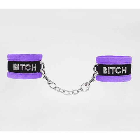 Diamante Bitch Fluffy Wrist Restraints by Love In Leather - Cuffs And Restraints