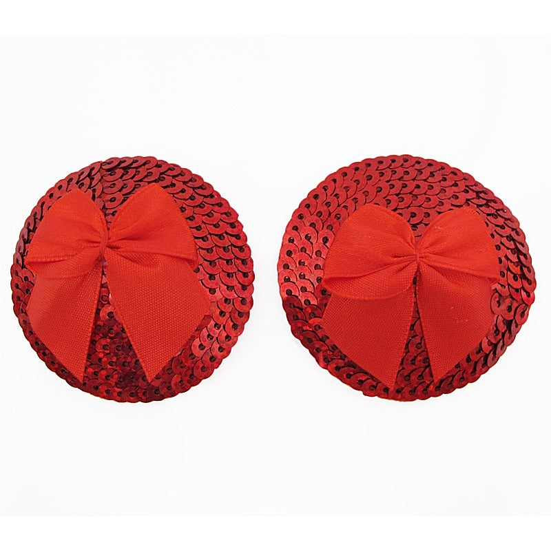 Round Sequin Nipple Pasties With Bow by Love In Leather - Breast and Nipple Toys