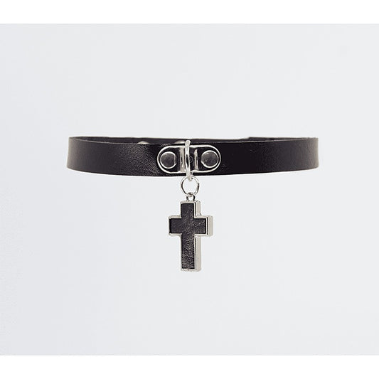 Cross Pendant Faux Leather Choker by Love In Leather - Collars and Leads