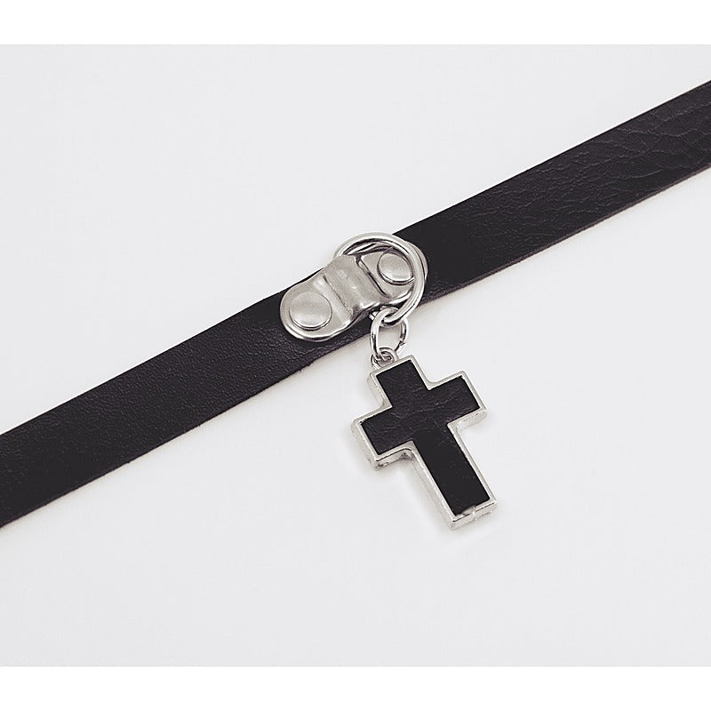 Cross Pendant Faux Leather Choker by Love In Leather - Collars and Leads