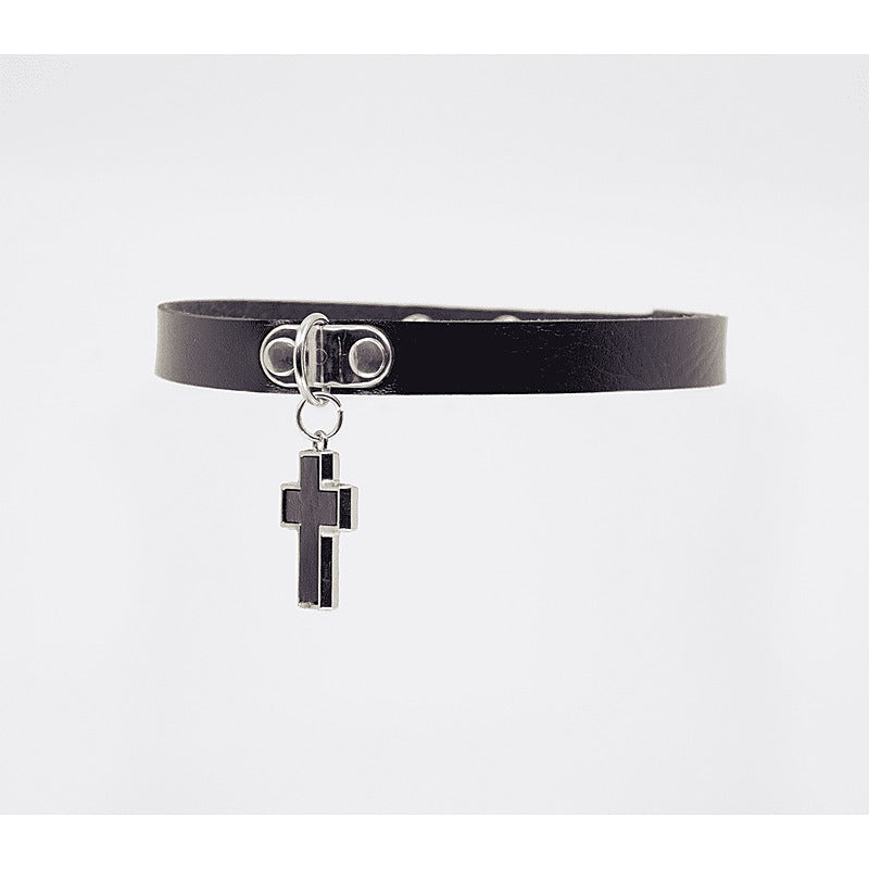 Cross Pendant Faux Leather Choker by Love In Leather - Collars and Leads