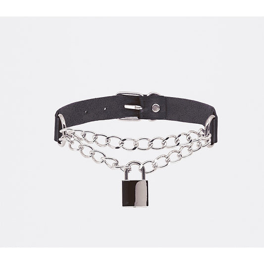 Chain Padlock Faux Leather Choker by Love In Leather - Collars and Leads