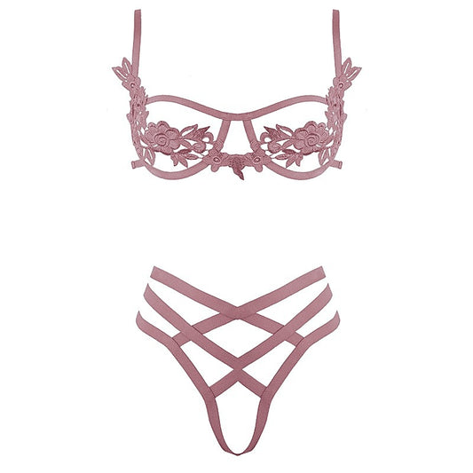 Open Cup Bra With Embroidered Floral Applique by Muse - Her Fetish
