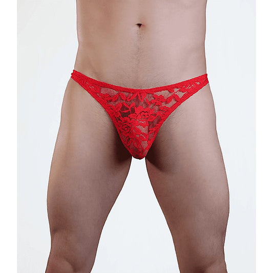 Mens Full Lace Sexy G-String Red by Love In Leather - Jocks and G-Strings
