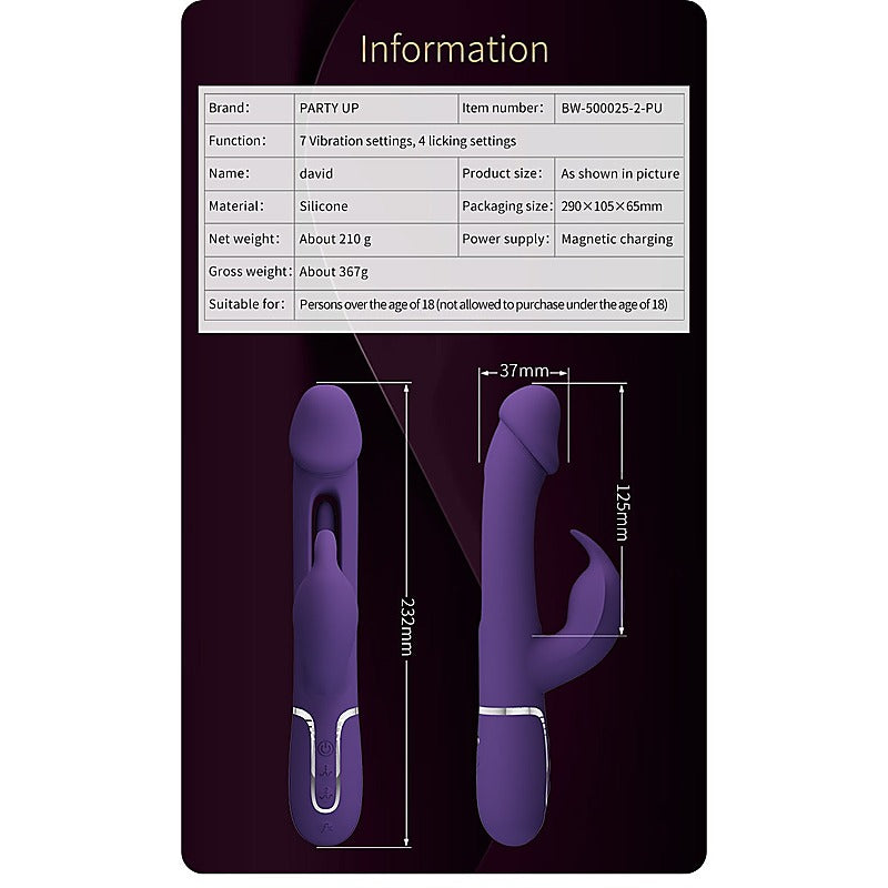 Party Up DAVID Swinging Rechargeable Rabbit Vibrator with Flicking Tongue - Rabbit Vibrators