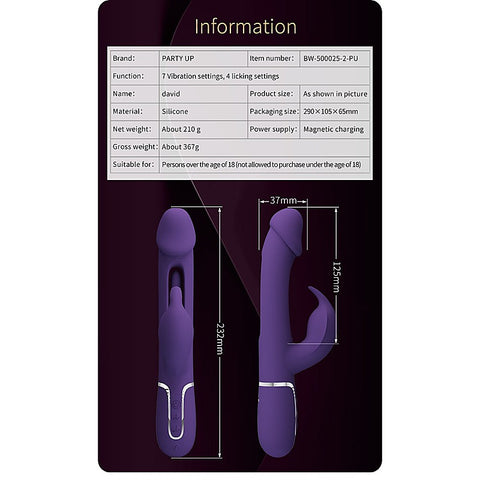 Party Up DAVID Swinging Rechargeable Rabbit Vibrator with Flicking Tongue - Rabbit Vibrators