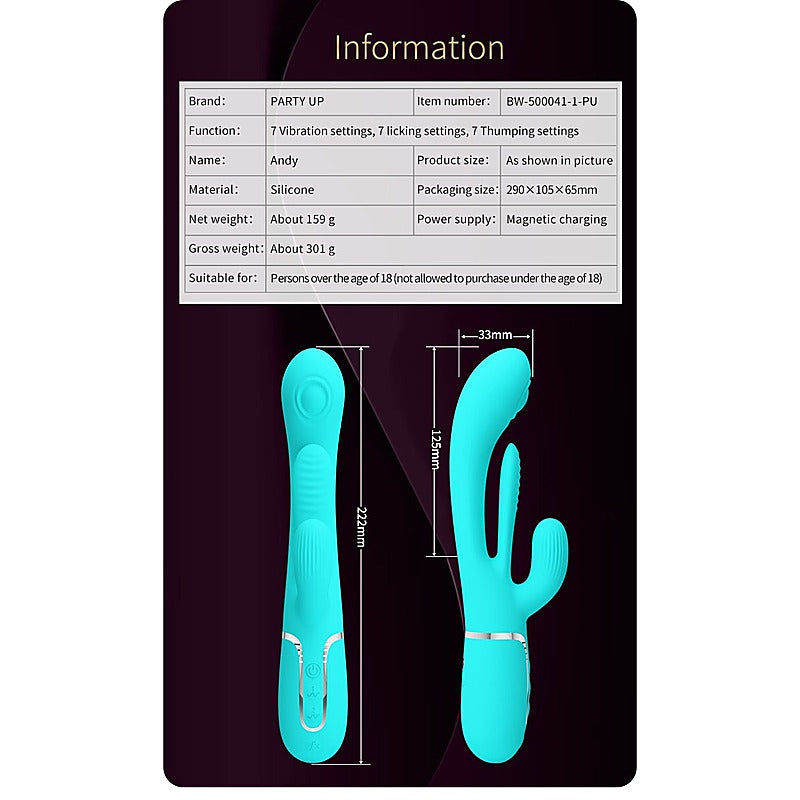 Party Up ANDY Multi Function Rabbit Vibrator Triple Action Tongue Stimulation - Rabbit Vibrators