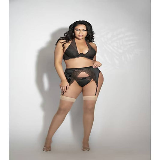 Three Piece Lace and Satin Bra Garter Belt and G-String Set - Bras and Bra Sets