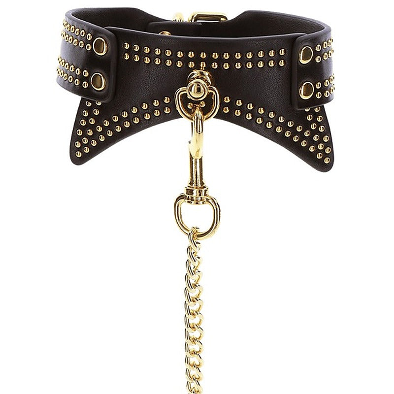 Scala Studded Collar and Leash Black BDSM Set with Gold Studs - Collars and Leads