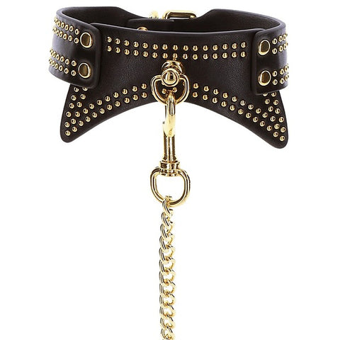 Scala Studded Collar and Leash Black BDSM Set with Gold Studs - Collars and Leads